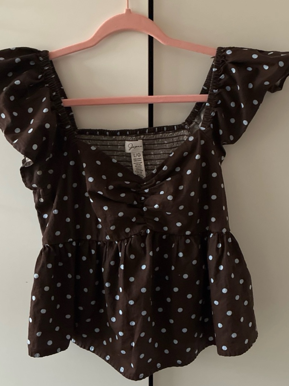 Gypsum Brown Polka Dot Peplum Top with Light Blue Dots